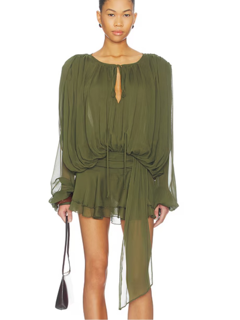 Lioness Elements Mini Dress Safari Olive Green Chiffon Long-Sleeve Revolve S